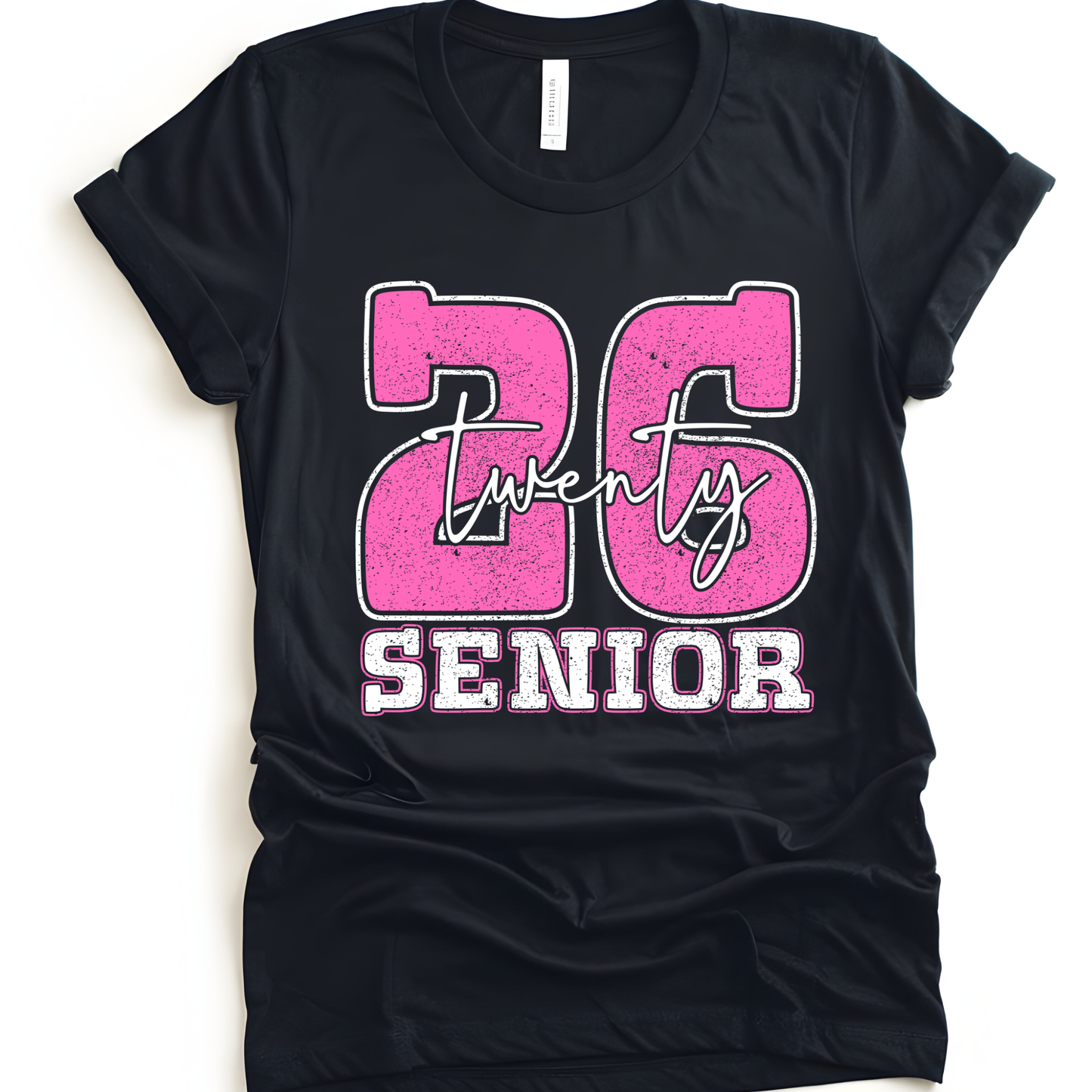 Black t-shirt with pink and white '20 Senior' design on a white background  Senior 2026 T-Shirt - Graduating Senior - Customizable Class of 2026 Shirt