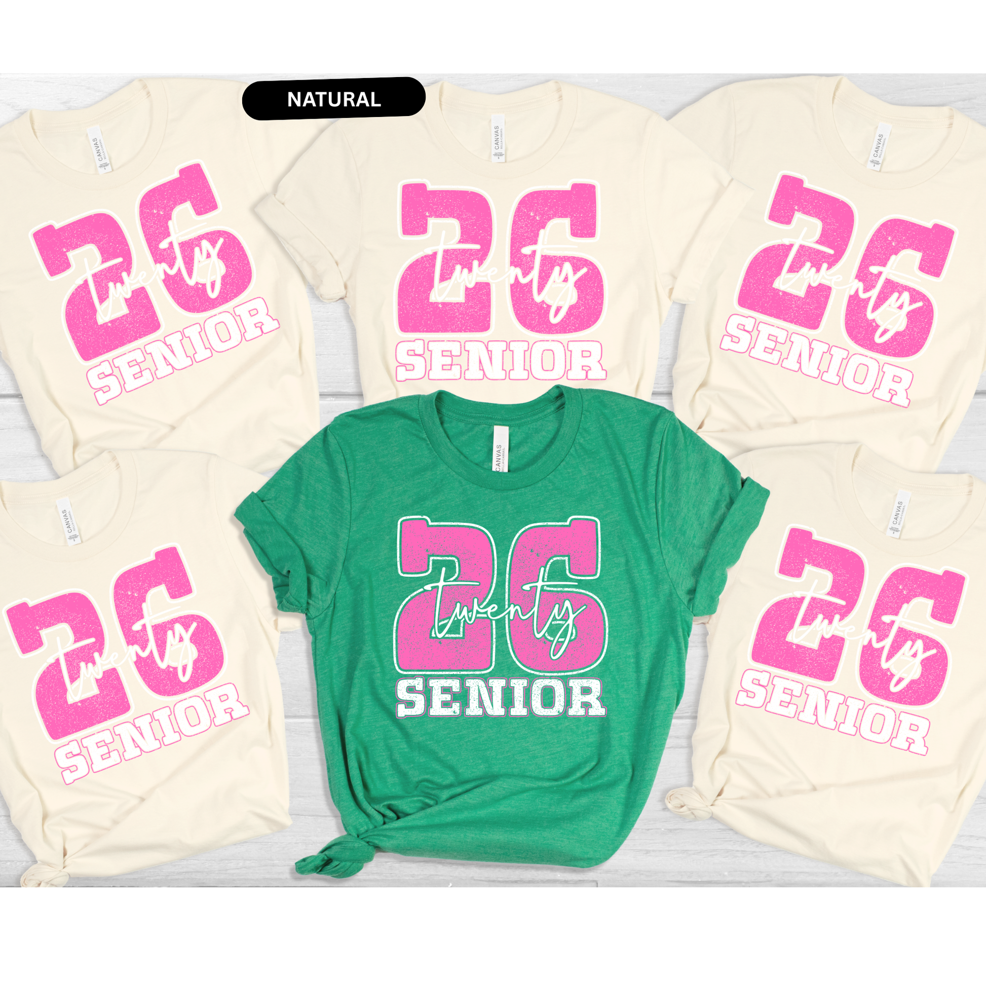 Collection of t-shirts with '26 Senior' text in pink and white on a white background  Senior 2026 T-Shirt - Graduating Senior - Customizable Class of 2026 Shirt