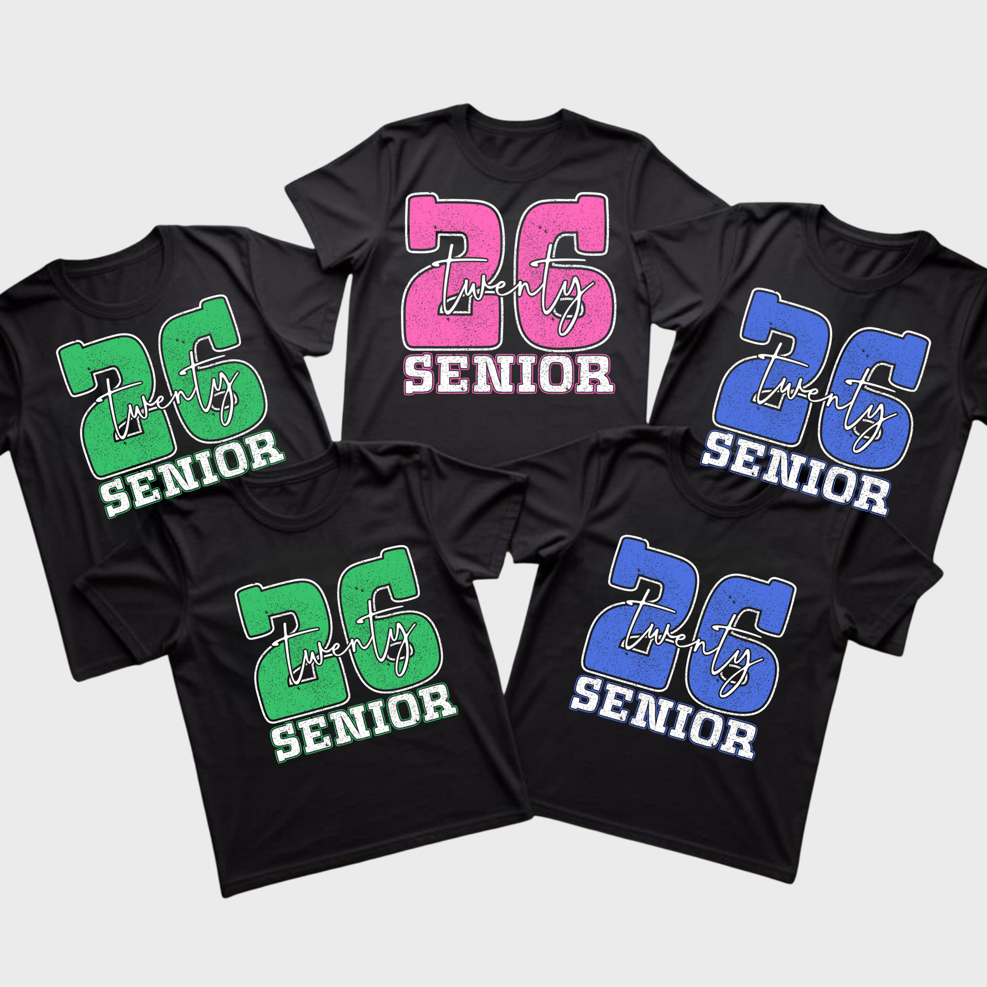 Five black t-shirts with '26 Senior' text in different colors on a white background  Senior 2026 T-Shirt - Graduating Senior - Customizable Class of 2026 Shirt