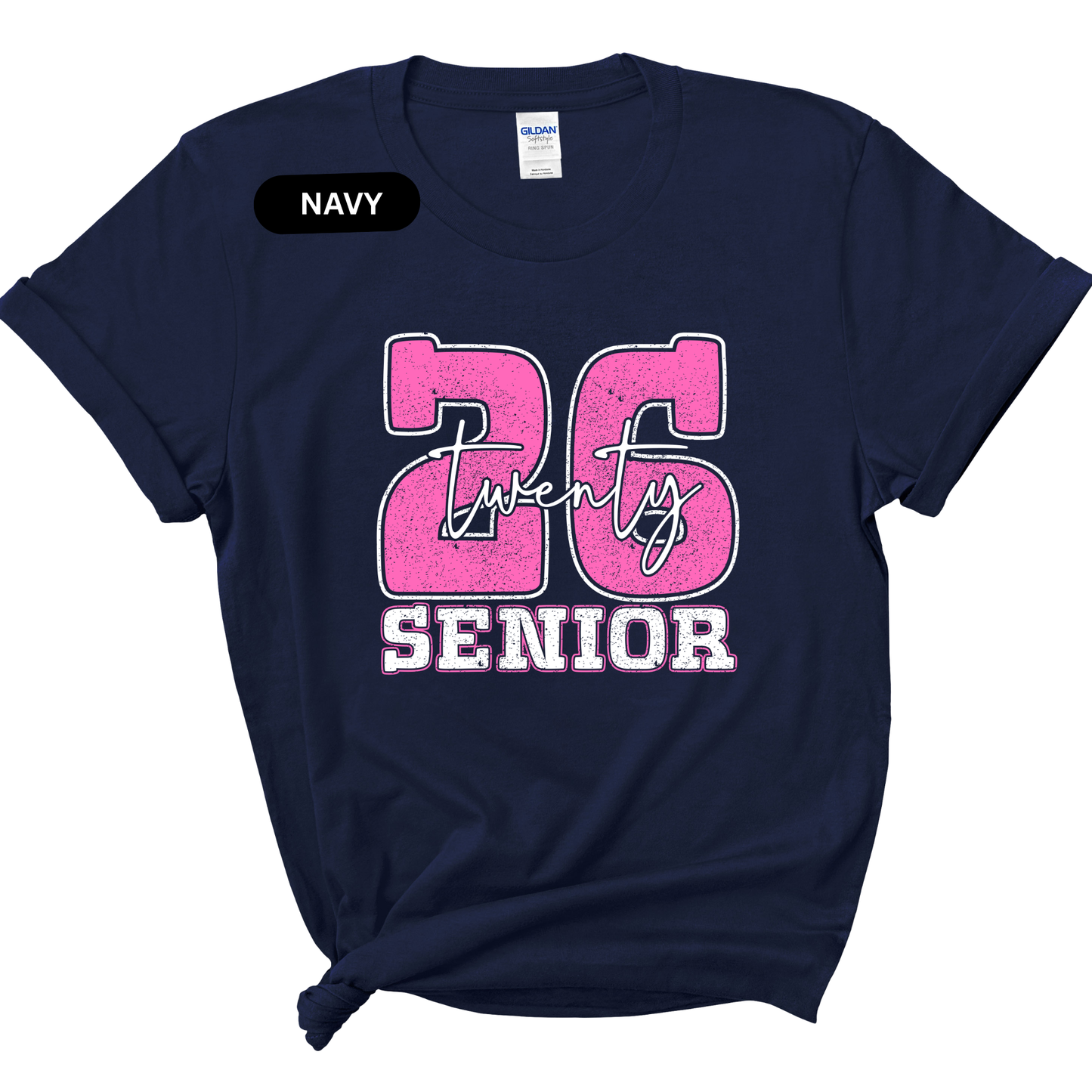 Navy blue t-shirt with pink and white text on a white background