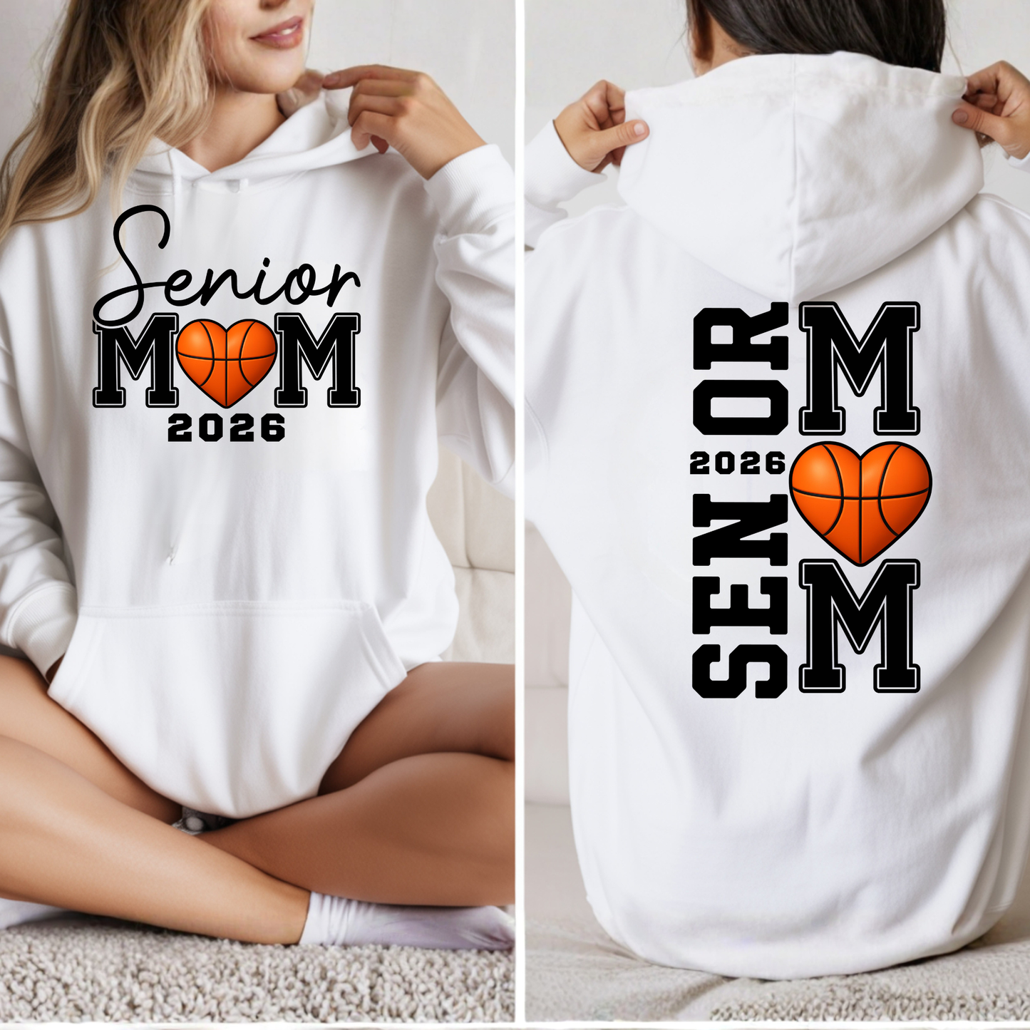White hoodie with 'Senior Mom 2026' text and basketball design on front and back