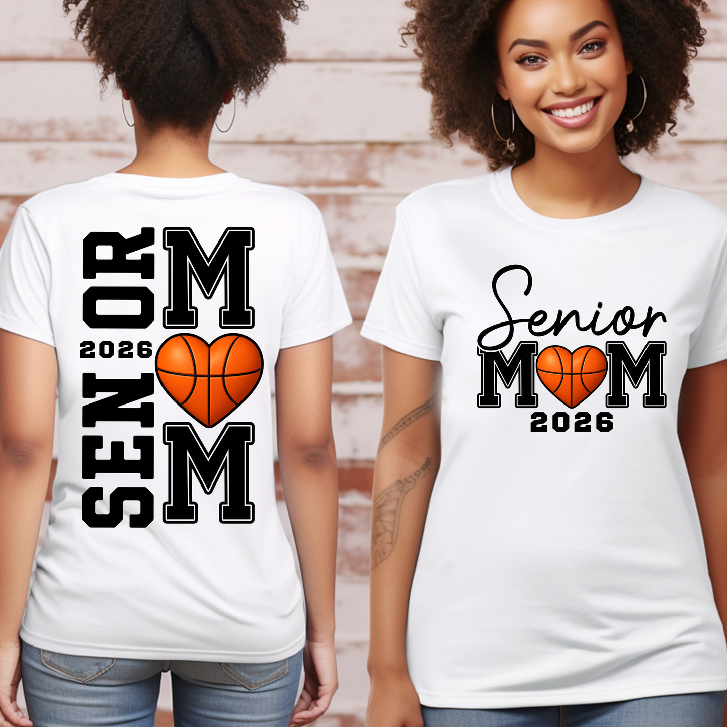 Two people wearing white t-shirts with 'Senior Mom 2026' and basketball design.