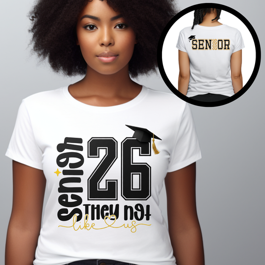 Person wearing a white t-shirt with graduation-themed design, inset showing a similar shirt.