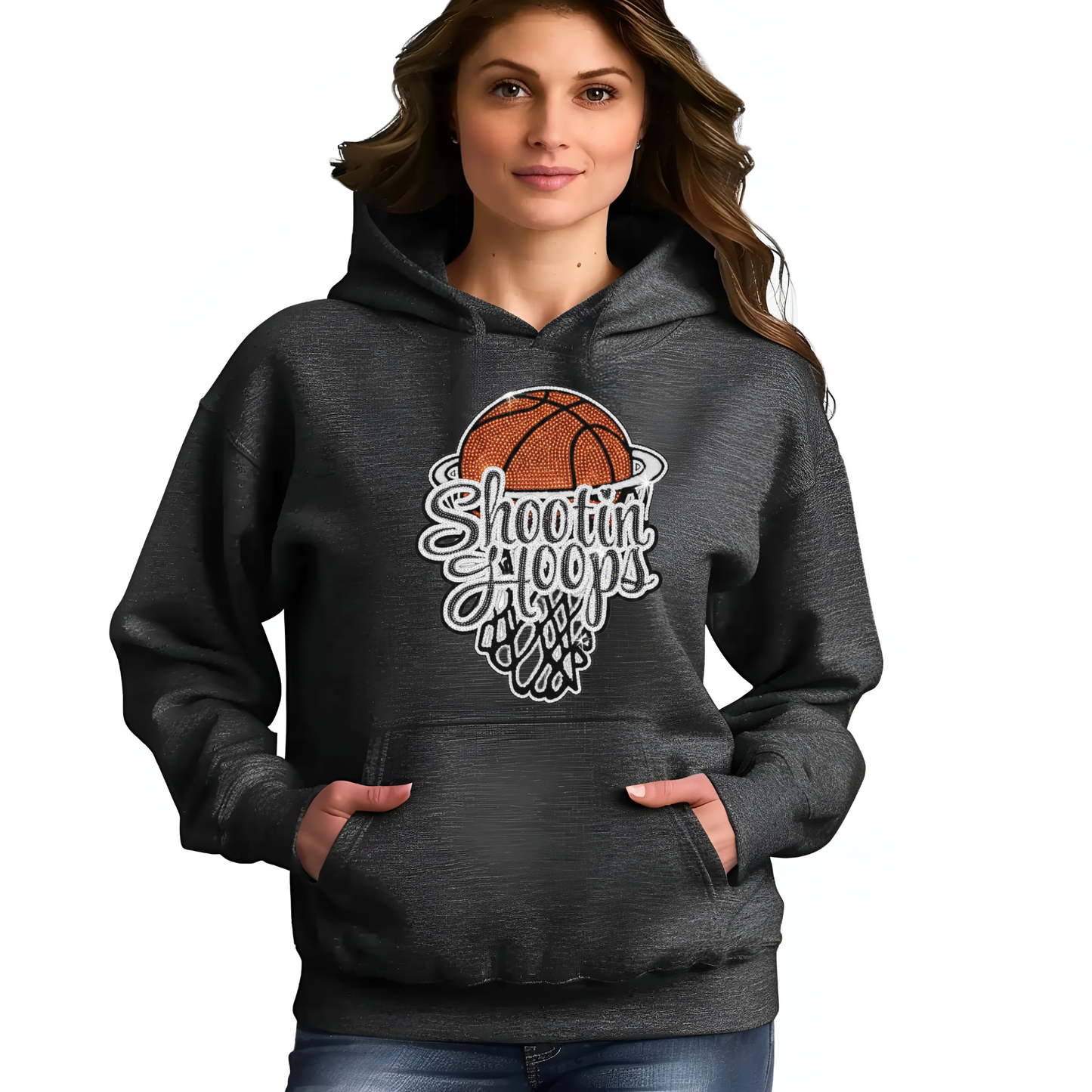 Person wearing a dark gray hoodie with 'Shooting Hoops' design on a white background