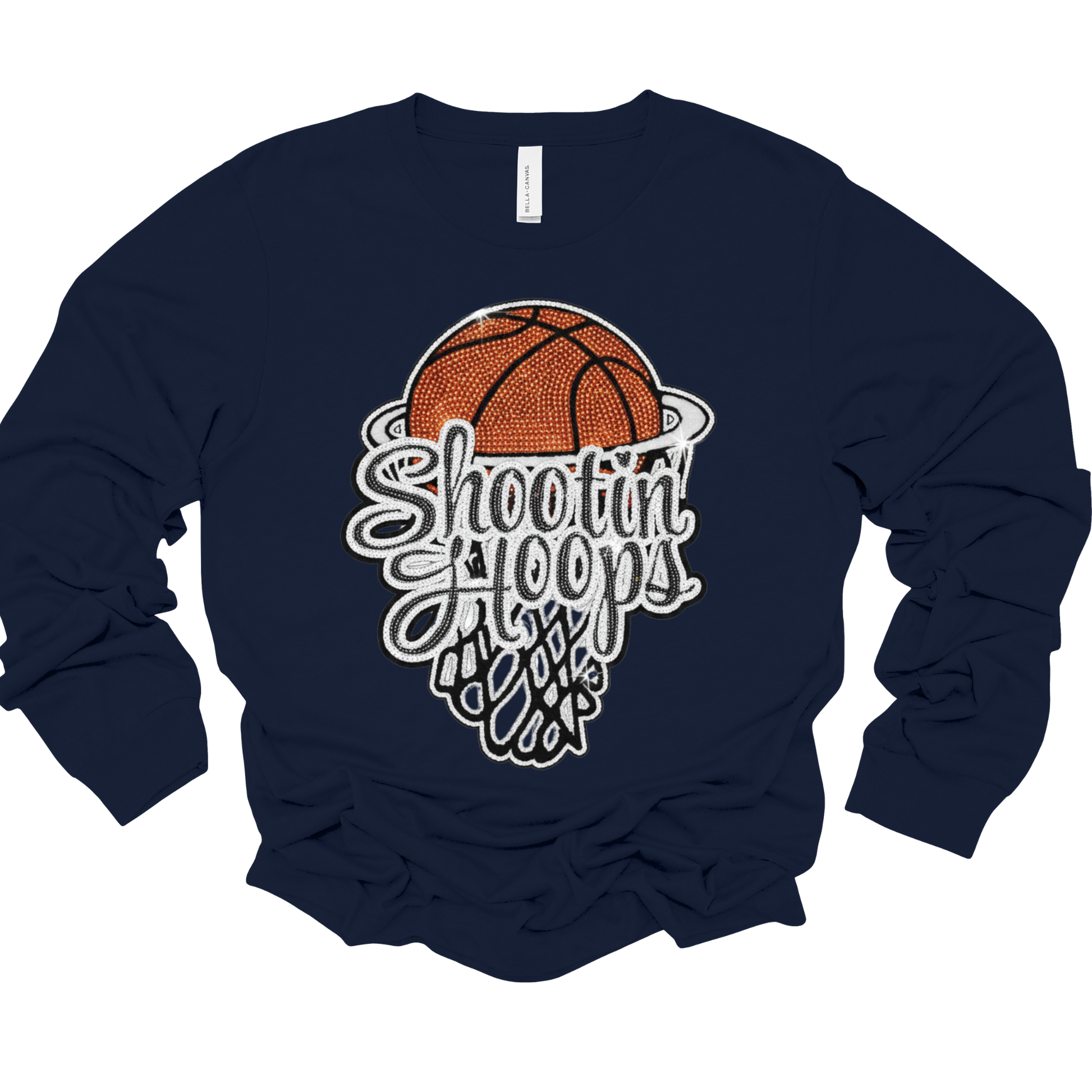 Navy blue sweatshirt with basketball graphic and 'Shooting Hoops' text on a white background