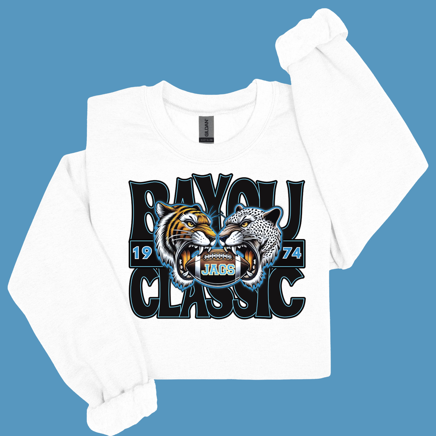 White long-sleeve shirt with Bayou Classic graphic on a blue background
