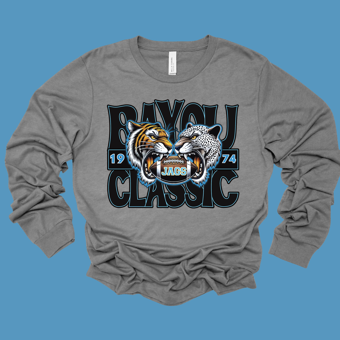 Gray long-sleeve shirt with tiger and panther design on a blue background