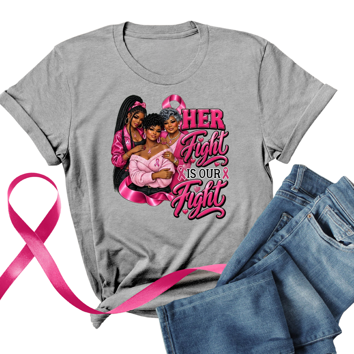 A heather gray short-sleeve T-shirt with a pink 'I AM A SURVIVOR' graphic featuring butterflies, pink ribbons, and hearts, styled flat-lay with blue jeans and a pink ribbon on a white background.