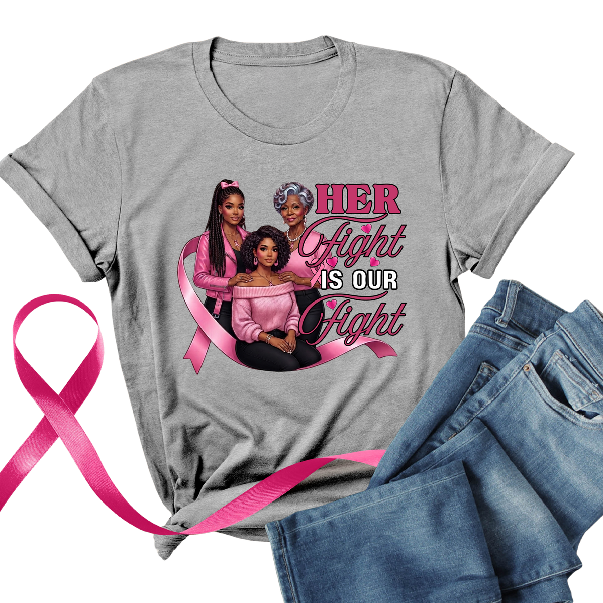 A heather gray short-sleeve T-shirt with a pink 'I AM A SURVIVOR' graphic featuring butterflies, hearts, and pink awareness ribbons, styled flat-lay with blue jeans and a pink ribbon on a white background.