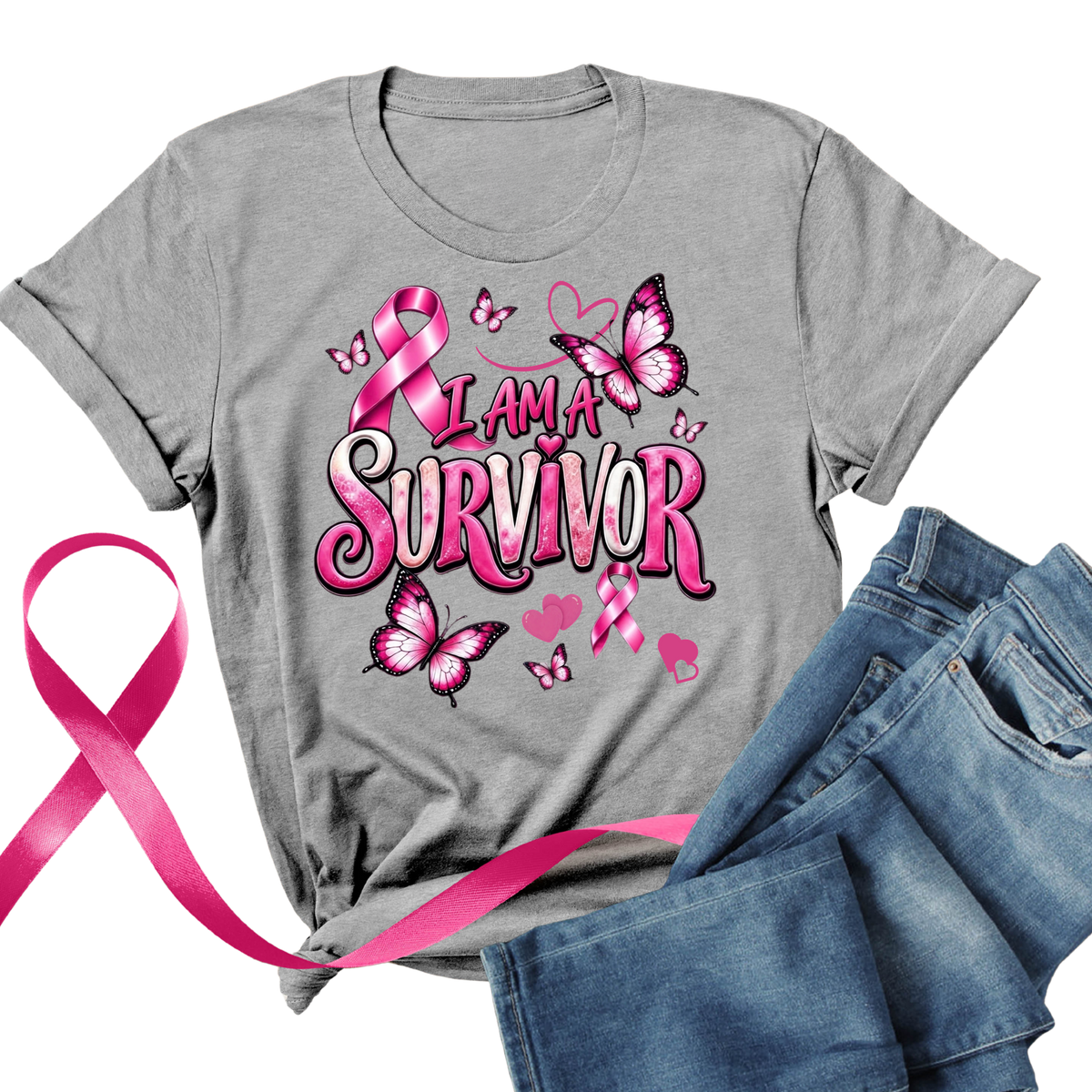 A heather gray short-sleeve T-shirt with a pink 'I AM A SURVIVOR' graphic featuring butterflies, hearts, and pink awareness ribbons, styled flat-lay with blue jeans and a pink ribbon on a white background.