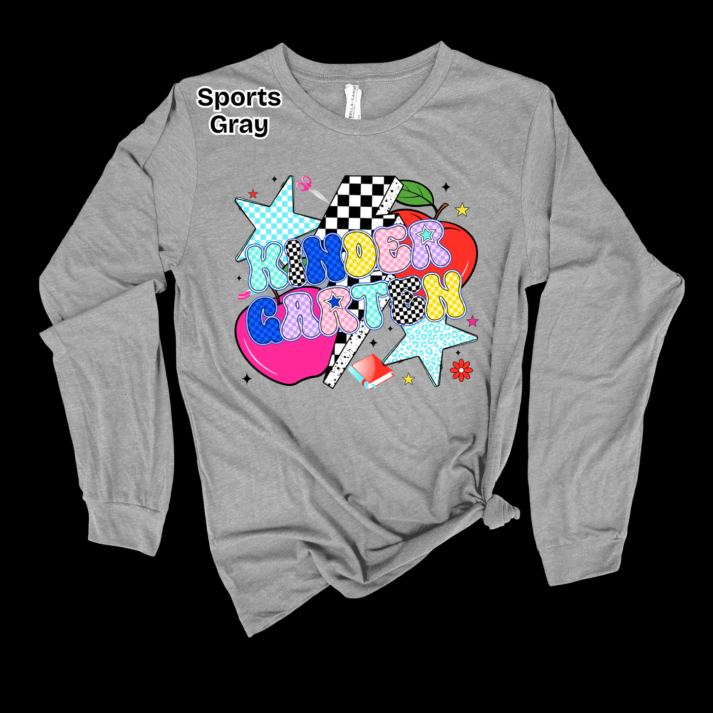 A heather gray long-sleeve t-shirt with a colorful graphic on the front reading 'HARDER CARTON' in pastel letters over a pink heart, red apple, and star details. The text 'Sports Gray' is printed near the collar.