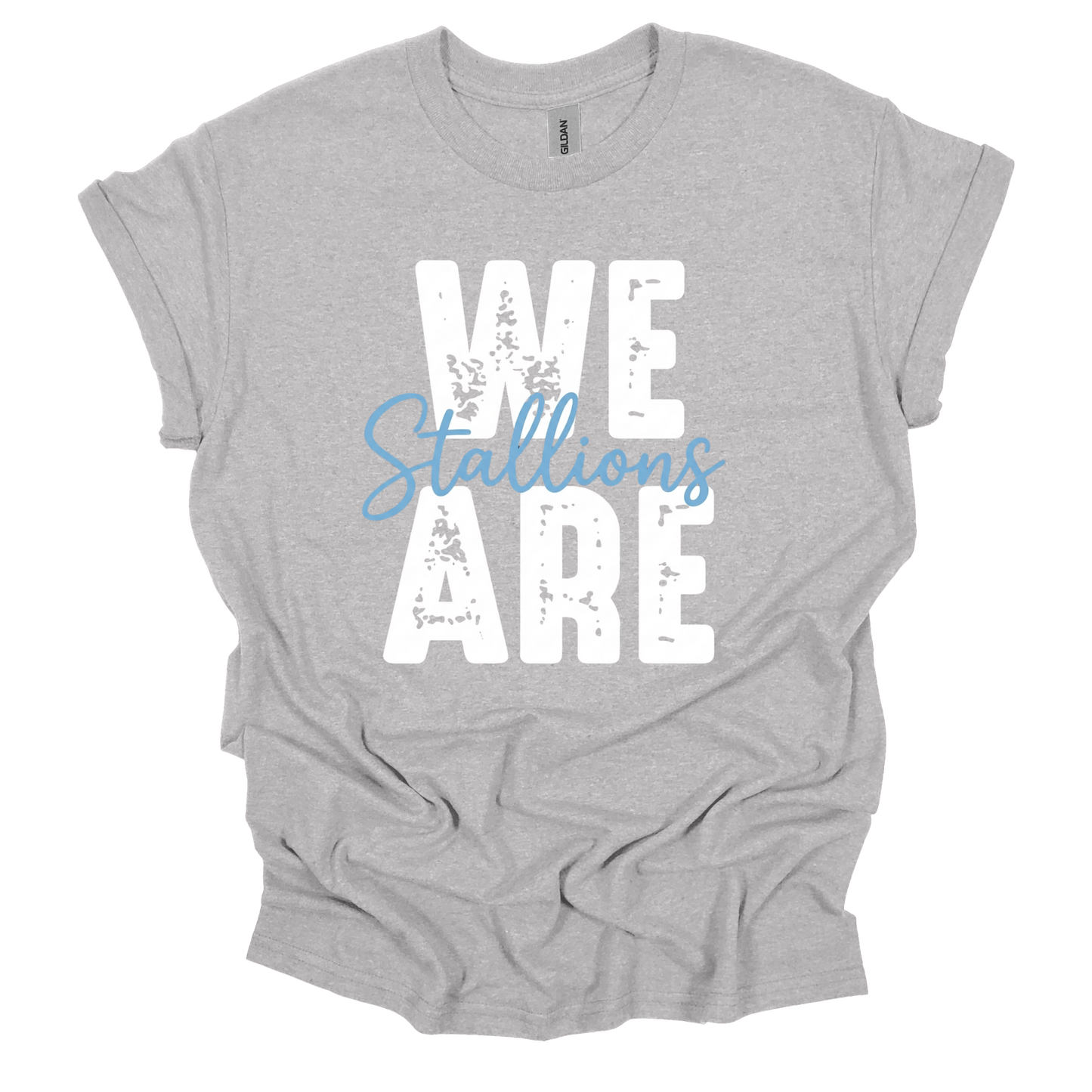 A woman wearing a black short-sleeve t-shirt with 'WE ARE TIGERS' printed in white varsity-style lettering on the front, set against a solid blue background.