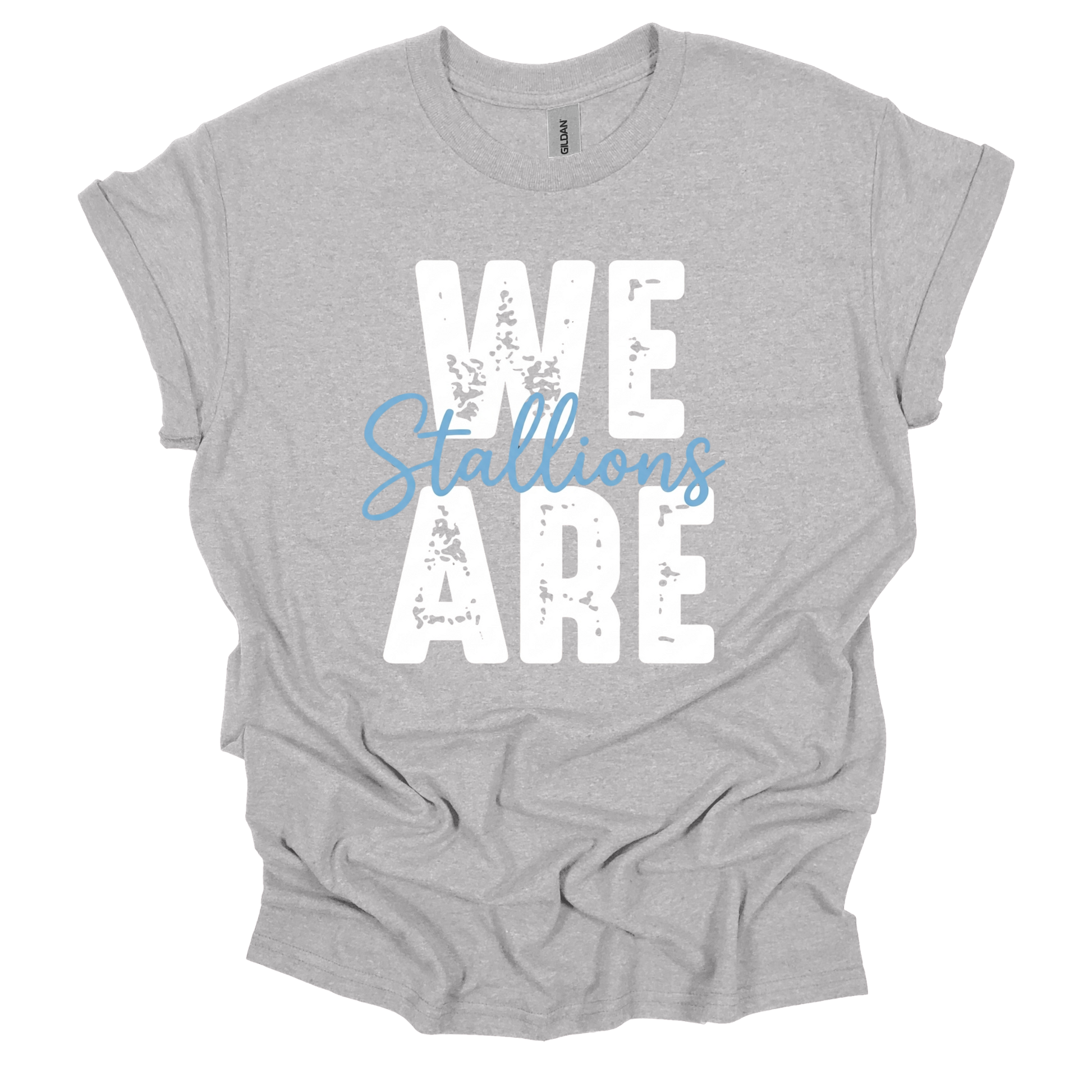 A woman wearing a black short-sleeve t-shirt with 'WE ARE TIGERS' printed in white varsity-style lettering on the front, set against a solid blue background.