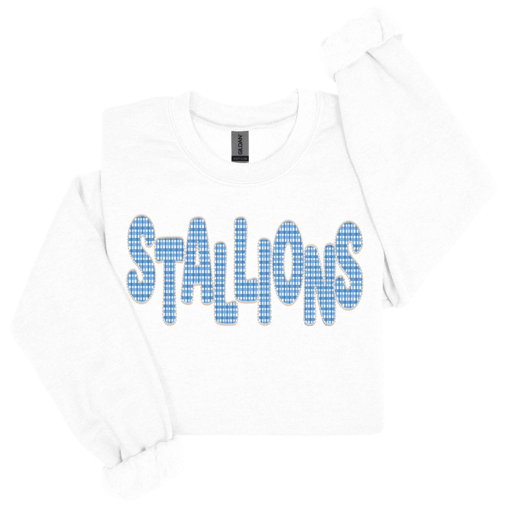 A white long-sleeve t-shirt with the word 'STALLIONS' printed across the chest in a blue-and-white gingham patterned font, shown on a plain white background.