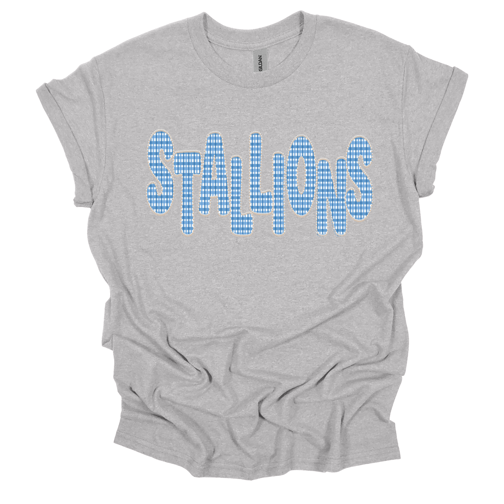 A light heather gray short-sleeve t-shirt with the word 'STALLIONS' printed across the chest in a blue-and-white checkered pattern, shown on a plain white background.