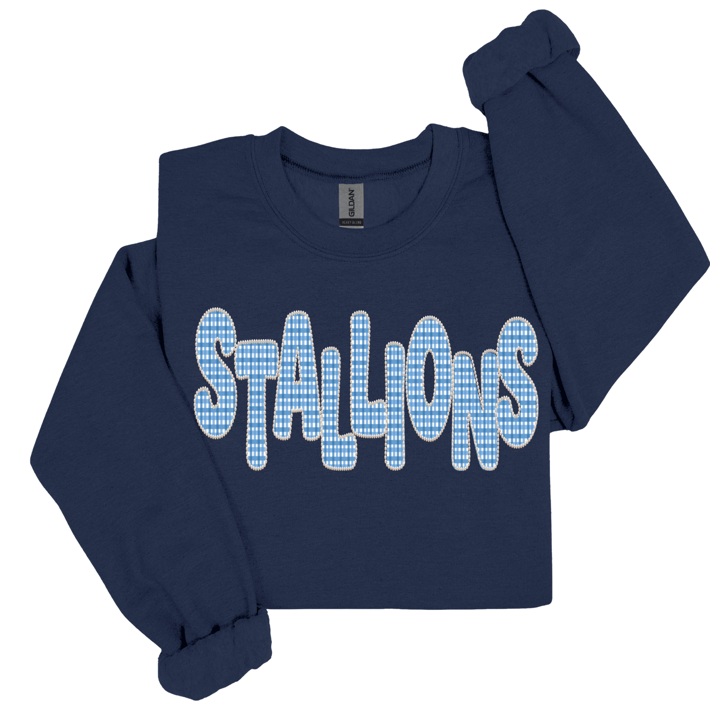 A navy blue long-sleeve sweatshirt with 'STALLIONS' printed across the chest in a light blue and white gingham patterned font, shown on a plain white background.
