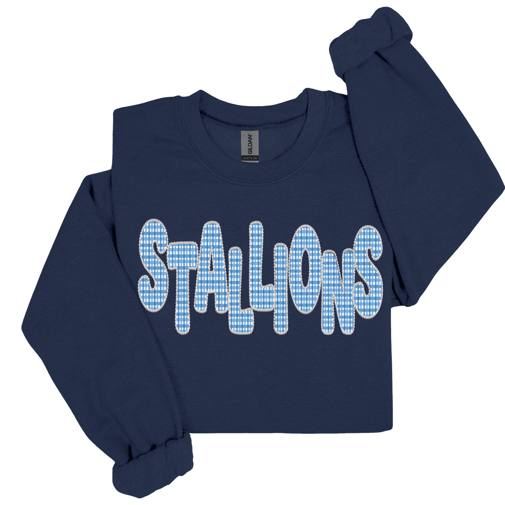 A navy blue long-sleeve sweatshirt with 'STALLIONS' printed across the chest in a light blue and white gingham patterned font, shown on a plain white background.