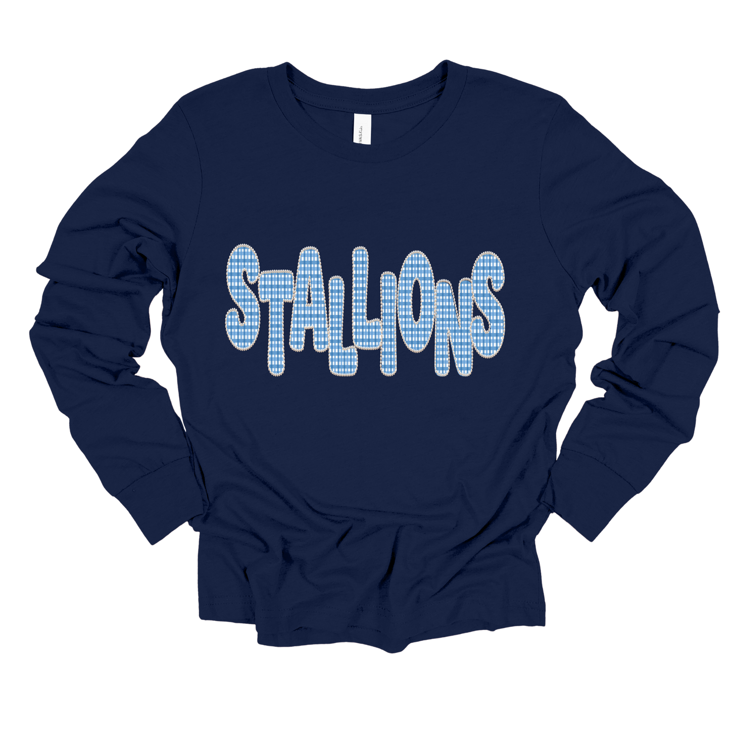A navy blue long-sleeve t-shirt with the word 'STALLIONS' printed across the chest in a light blue and white checkered pattern, displayed on a solid white background.