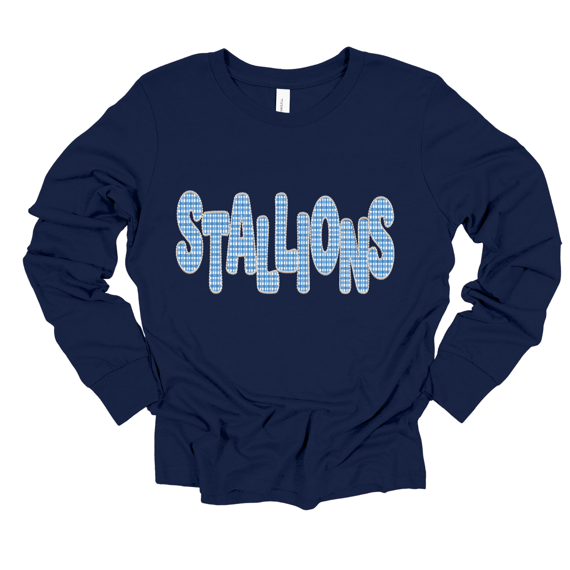 A navy blue long-sleeve t-shirt with the word 'STALLIONS' printed across the chest in a light blue and white checkered pattern, displayed on a solid white background.