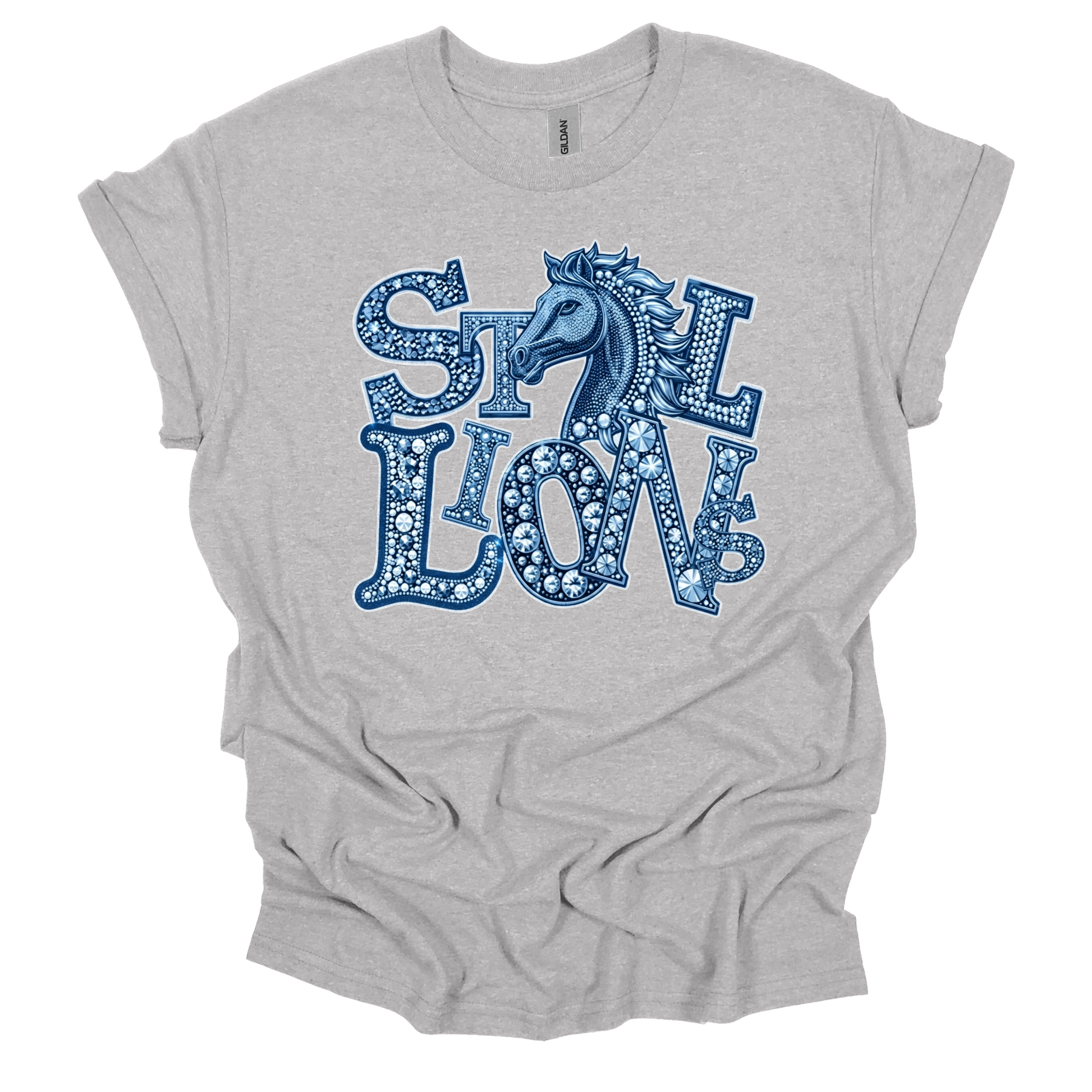 A heather gray short-sleeve t-shirt with a graphic print reading 'WE ARE' in distressed white block letters, with 'Stallions' written across the middle in light blue script.