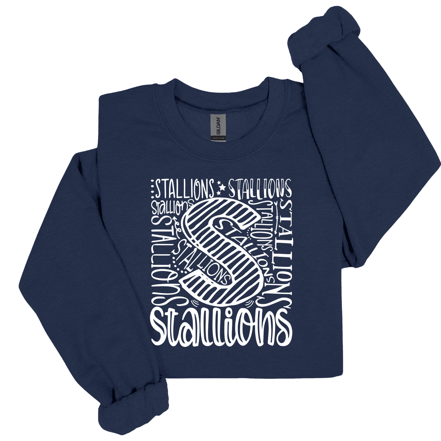 A navy blue long-sleeve crop top sweatshirt with a white graphic print featuring the word 'STALLIONS' and a stylized letter 'S' on the front, displayed flat against a white background.