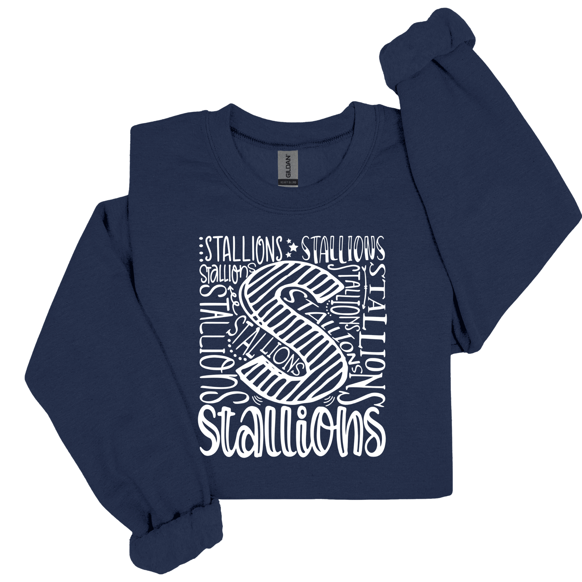 A navy blue long-sleeve crop top sweatshirt with a white graphic print featuring the word 'STALLIONS' and a stylized letter 'S' on the front, displayed flat against a white background.