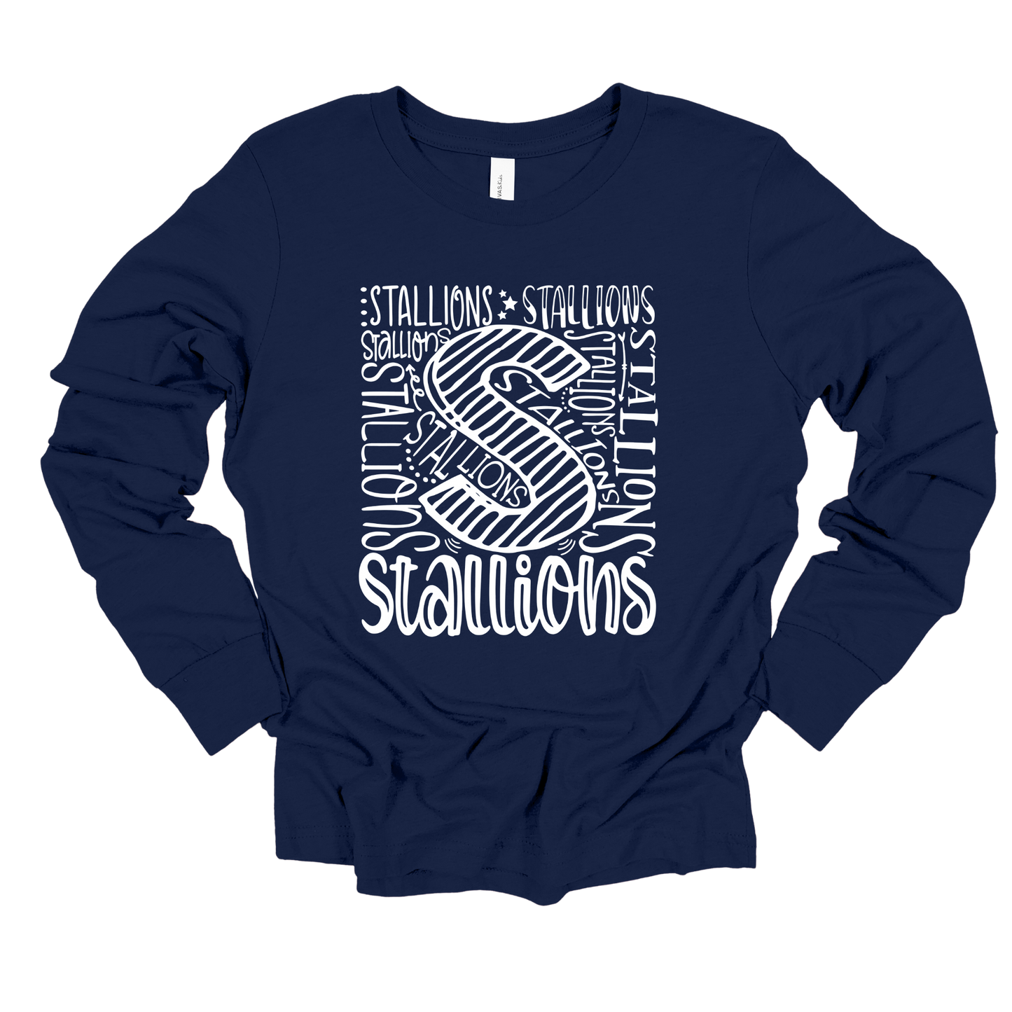 A navy blue long-sleeve t-shirt with a white graphic print on the front featuring a stylized letter 'S' and the word 'Stallions' surrounded by smaller text.
