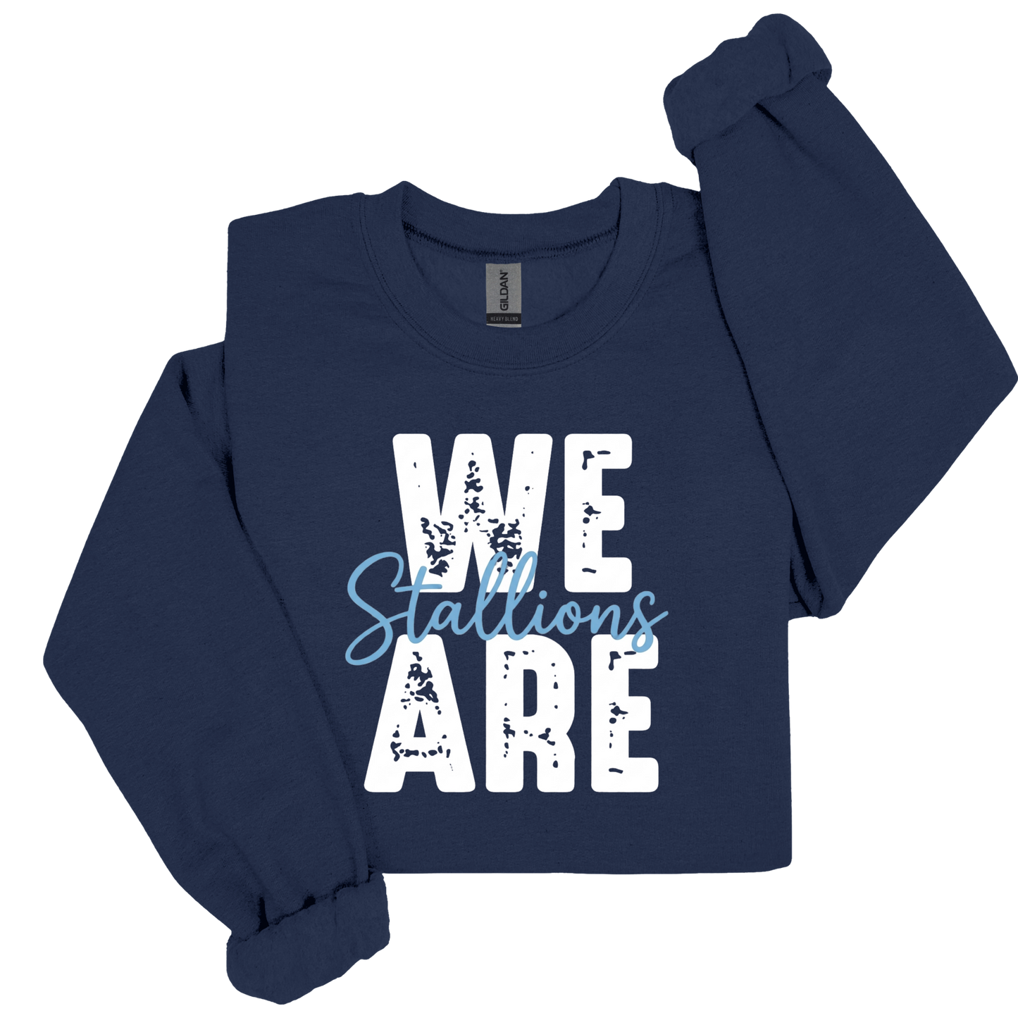 A navy blue long-sleeve crop top sweatshirt with rolled cuffs, featuring a graphic print on the front that reads 'WE ARE' in distressed white block letters with a light blue script overlay reading 'Stallions'.