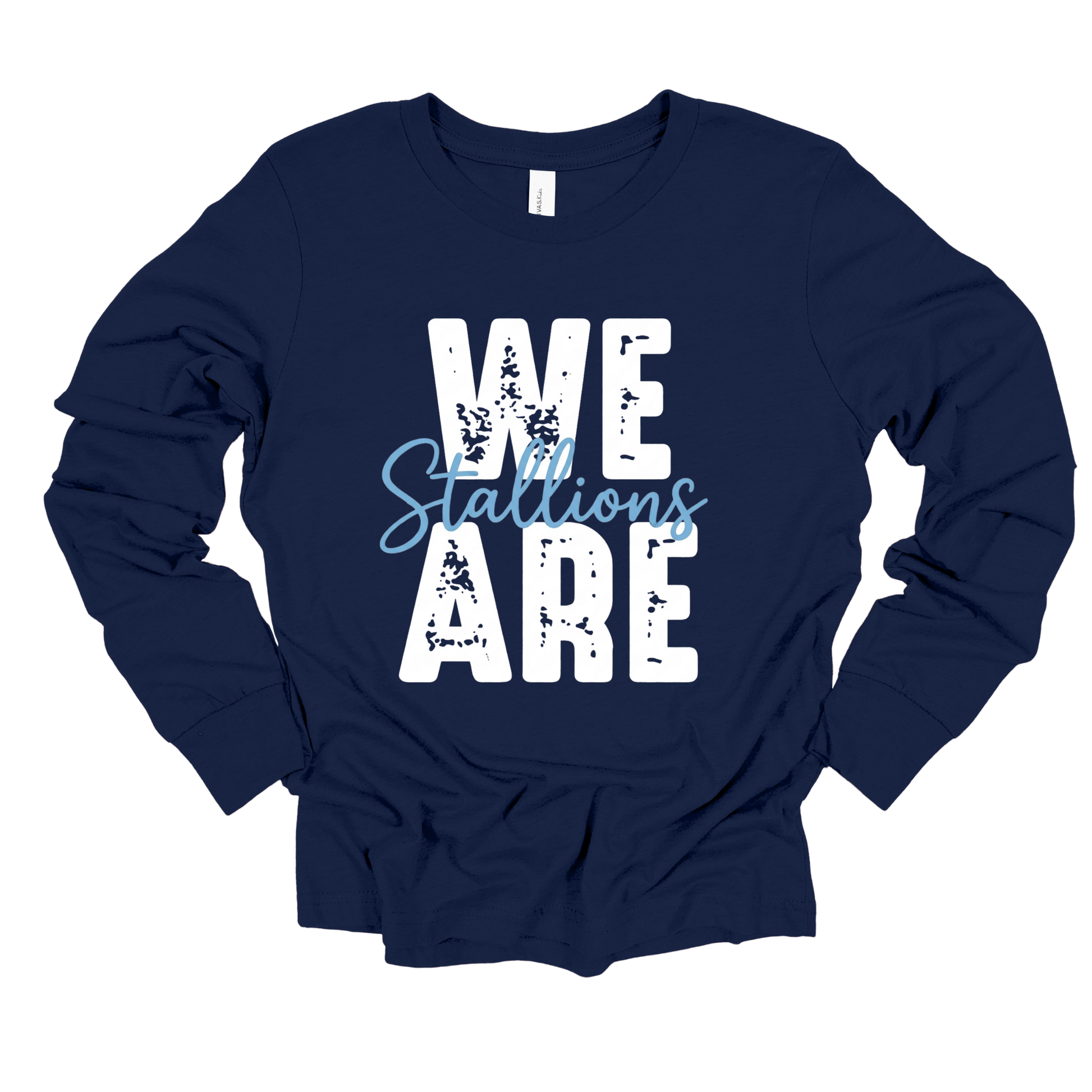 A navy blue long-sleeve t-shirt with a graphic print on the front reading 'WE ARE STALLIONS'. The text features distressed white block letters for 'WE' and 'ARE', with 'STALLIONS' written in a light blue cursive script overlay.