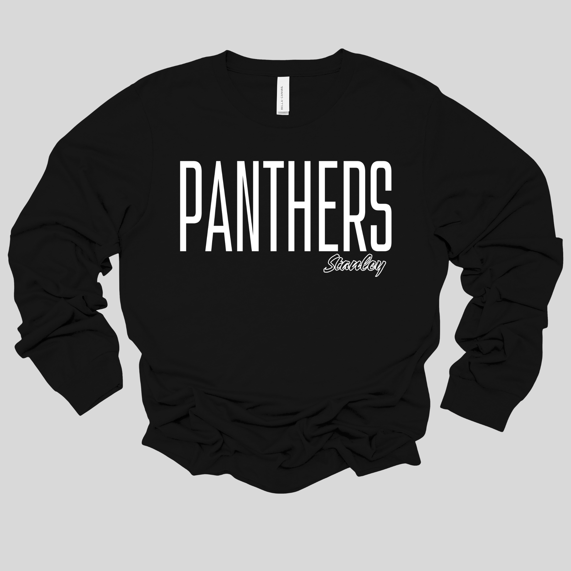 A black long-sleeve t-shirt with 'PANTHERS' printed in bold white block letters and 'SantaBar' in white script underneath, displayed flat against a solid gray background.