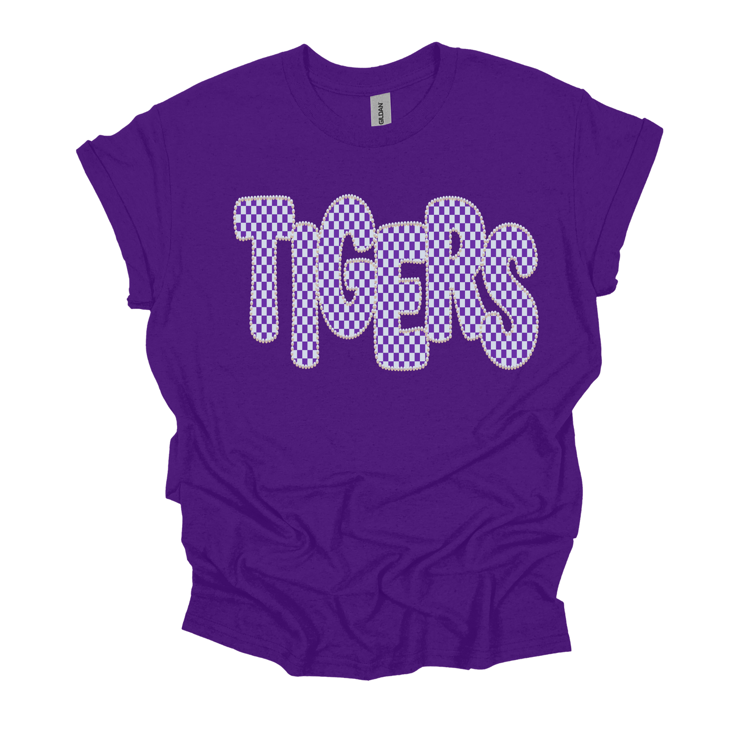A purple short-sleeve t-shirt with 'TIGERS' printed across the chest in a stylized font filled with a purple and white checkerboard pattern, shown on a plain white background.