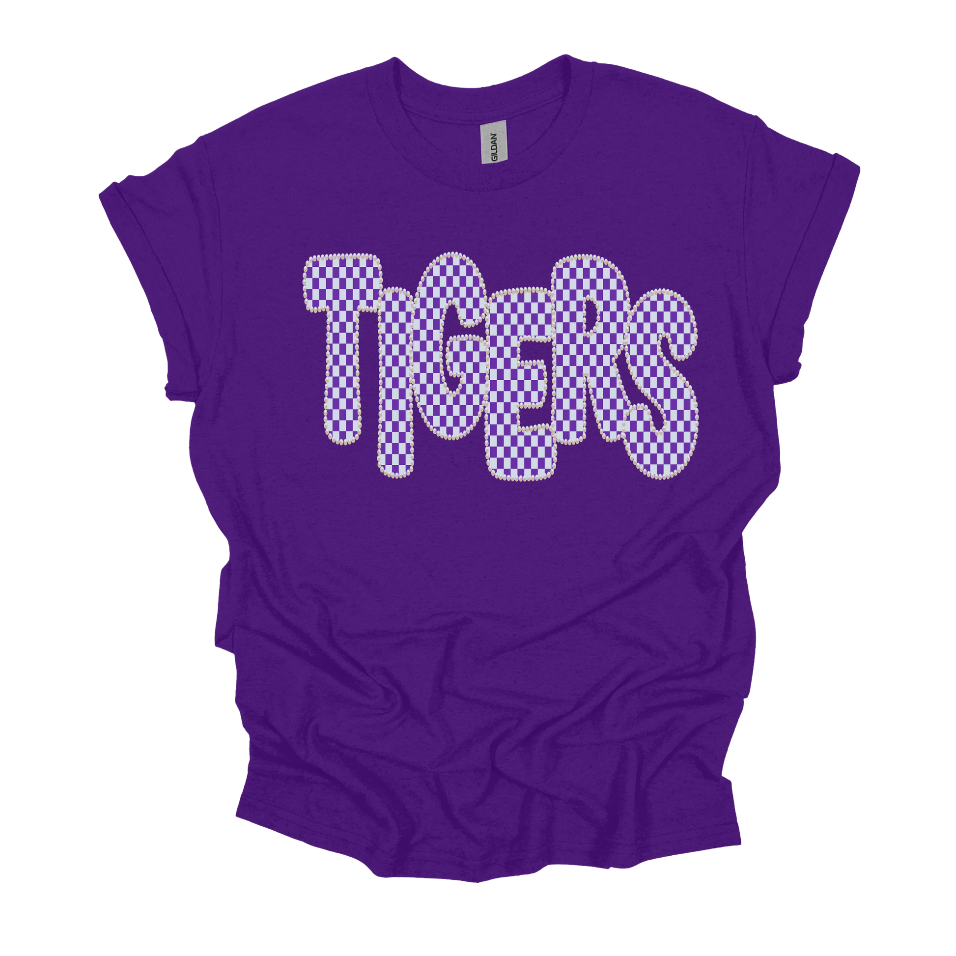 A purple short-sleeve t-shirt with 'TIGERS' printed across the chest in a stylized font filled with a purple and white checkerboard pattern, shown on a plain white background.