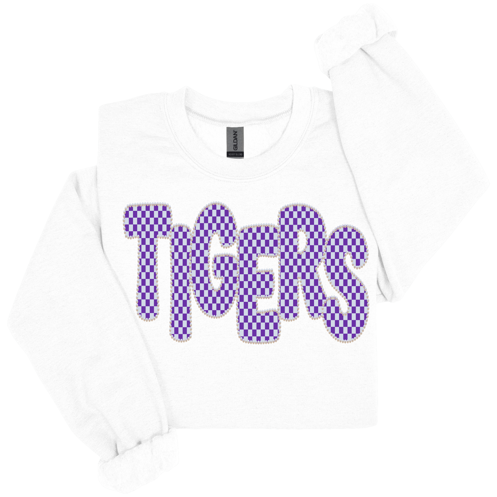 A white long-sleeve crewneck sweatshirt featuring the word 'TIGERS' printed across the chest in a purple and white checkerboard pattern.