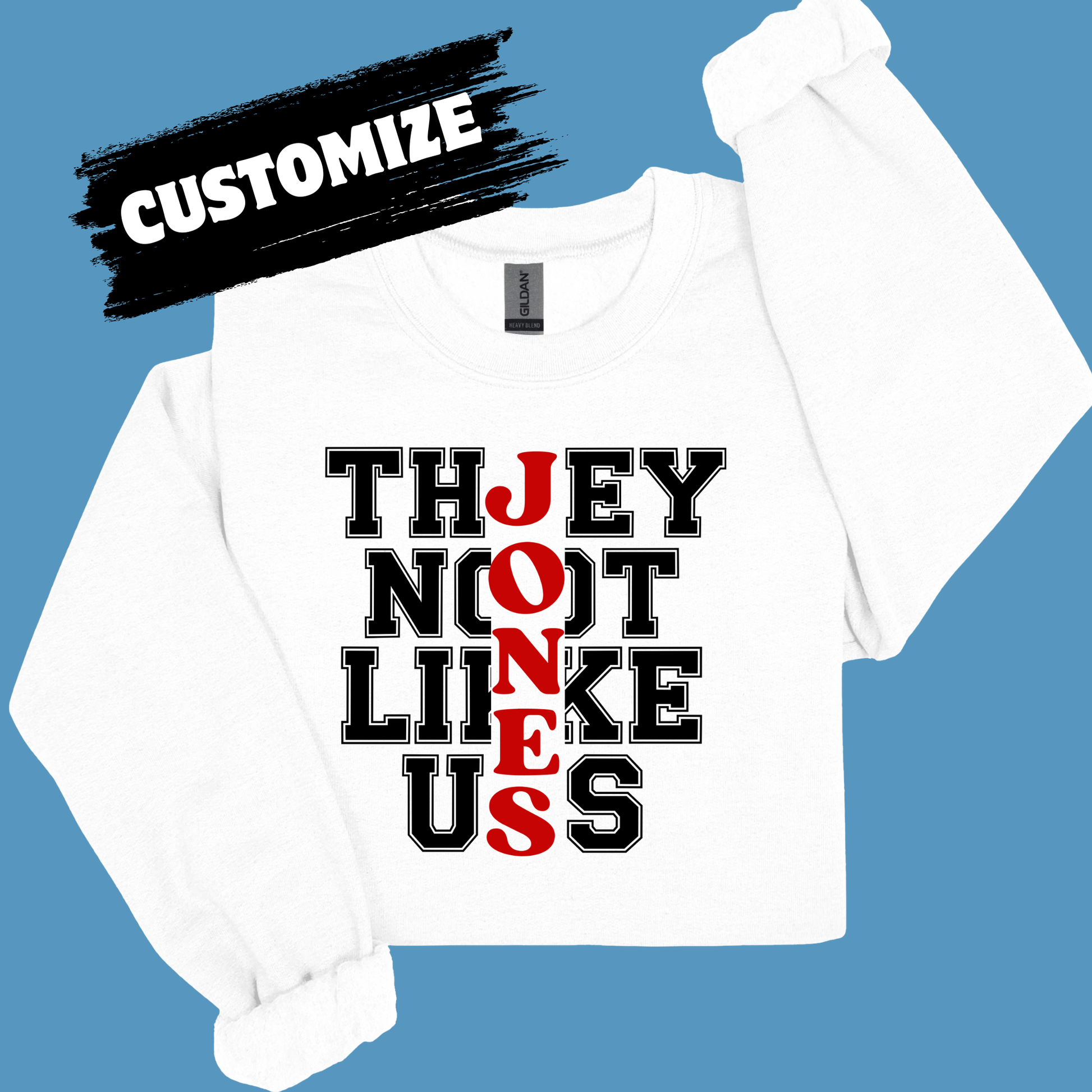 White long-sleeve shirt with text design on a blue background