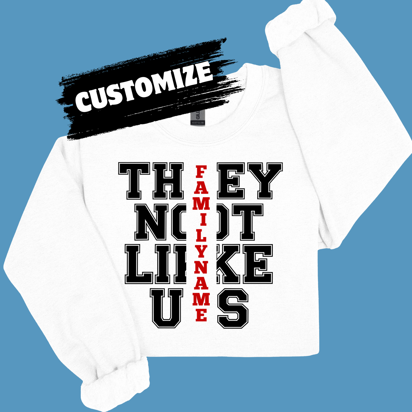 White long-sleeve shirt with customizable text on a blue background