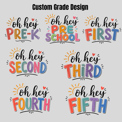 A set of six colorful custom grade design graphics on a light gray background, featuring playful hand-lettered text for Pre-K, School, First, Second, Third, Fourth, and Fifth with sun and heart accents.