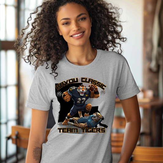 Woman wearing a gray t-shirt with 'Grayou Classic Team Tigers' design. Bayou Classic Team Tigers: Grambling Tigers Bayou Classic Game Day T-Shirt