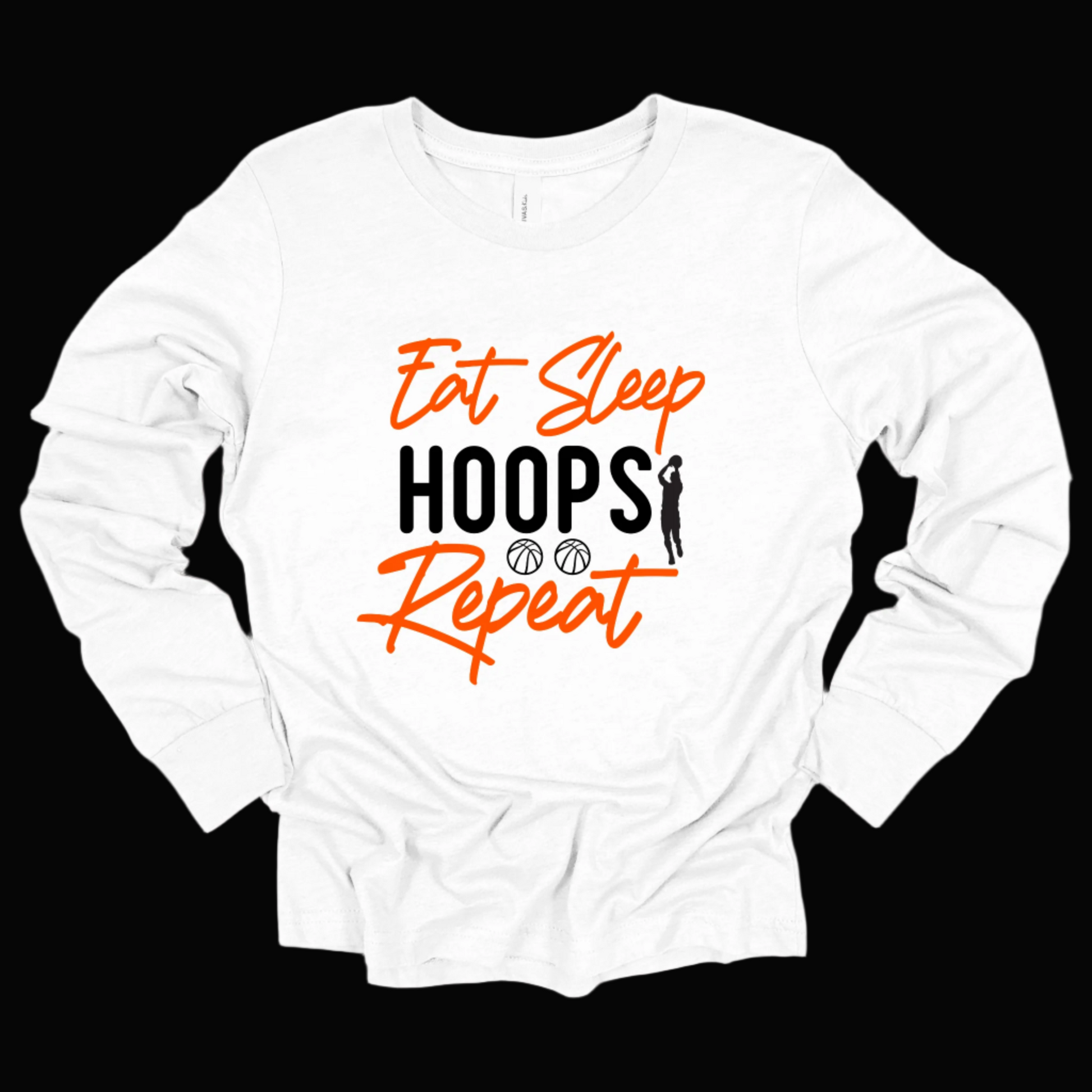 Team Basketball Long Sleeve Shirt "Eat Sleep Hoops Repeat" T-Shirt Versatile Wear: Perfect for High School, College, Women's, and Men's Basketball enthusiasts, this shirt fits seamlessly into any casual or athletic outfit.