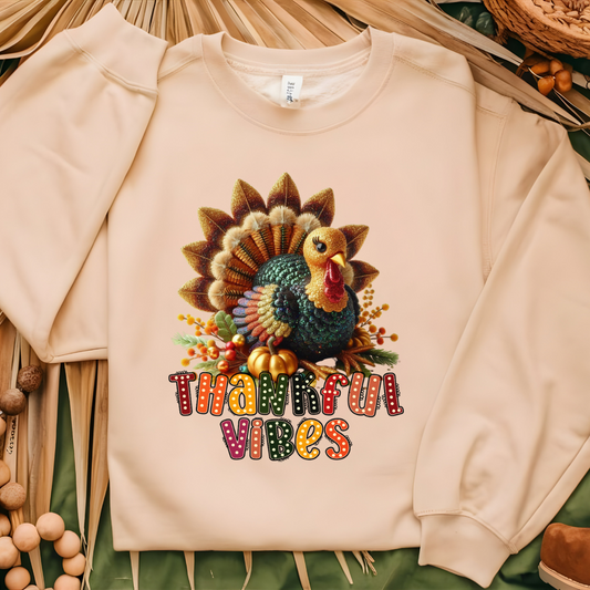 Thankful Vibes Came Tan Oversized Woman's Crewneck Soft Crewneck Sweater for Thanksgiving 