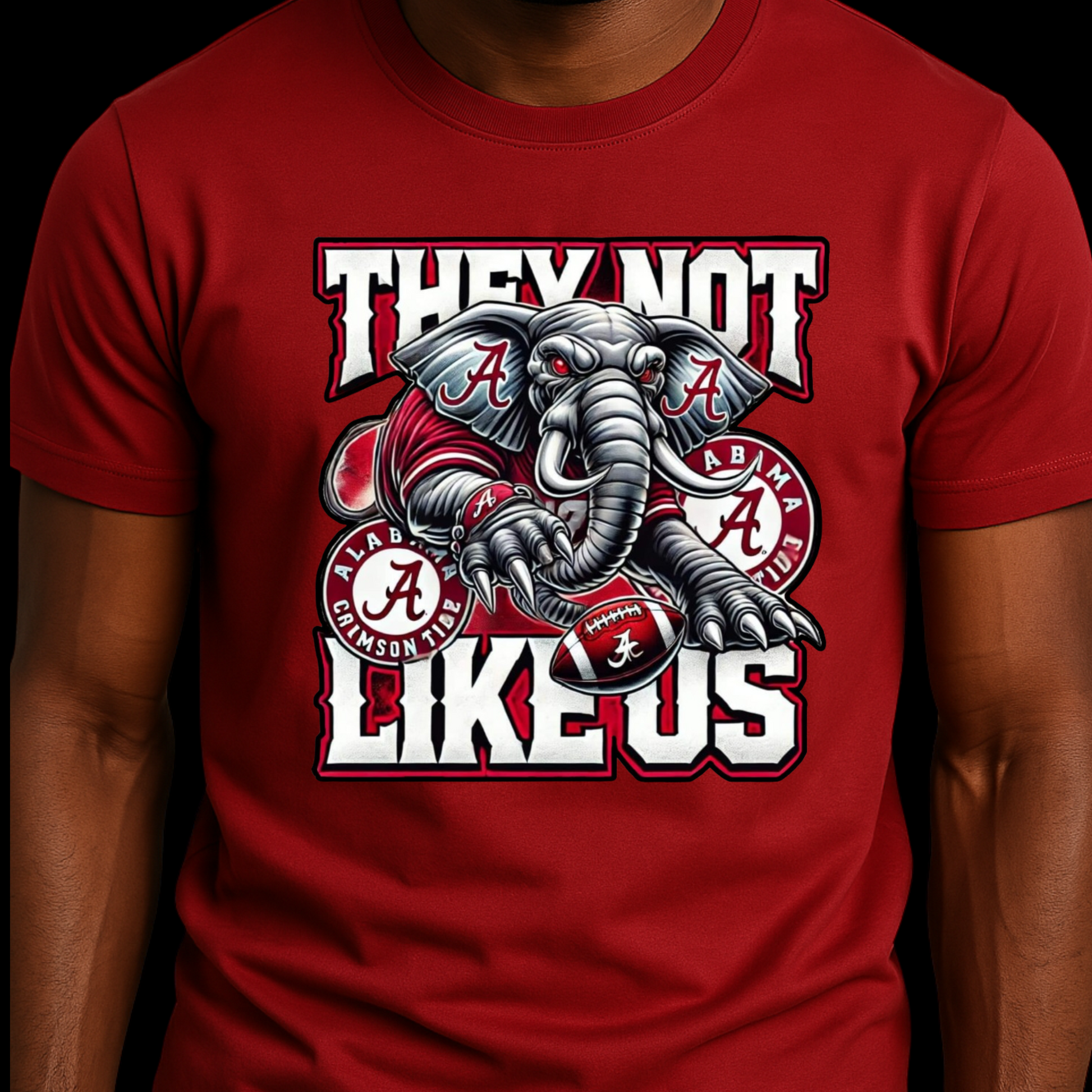 Red t-shirt with an elephant graphic and text on a dark background Alabama Football "They Not Like Us" Alabama Crimson Tide T-Shirt