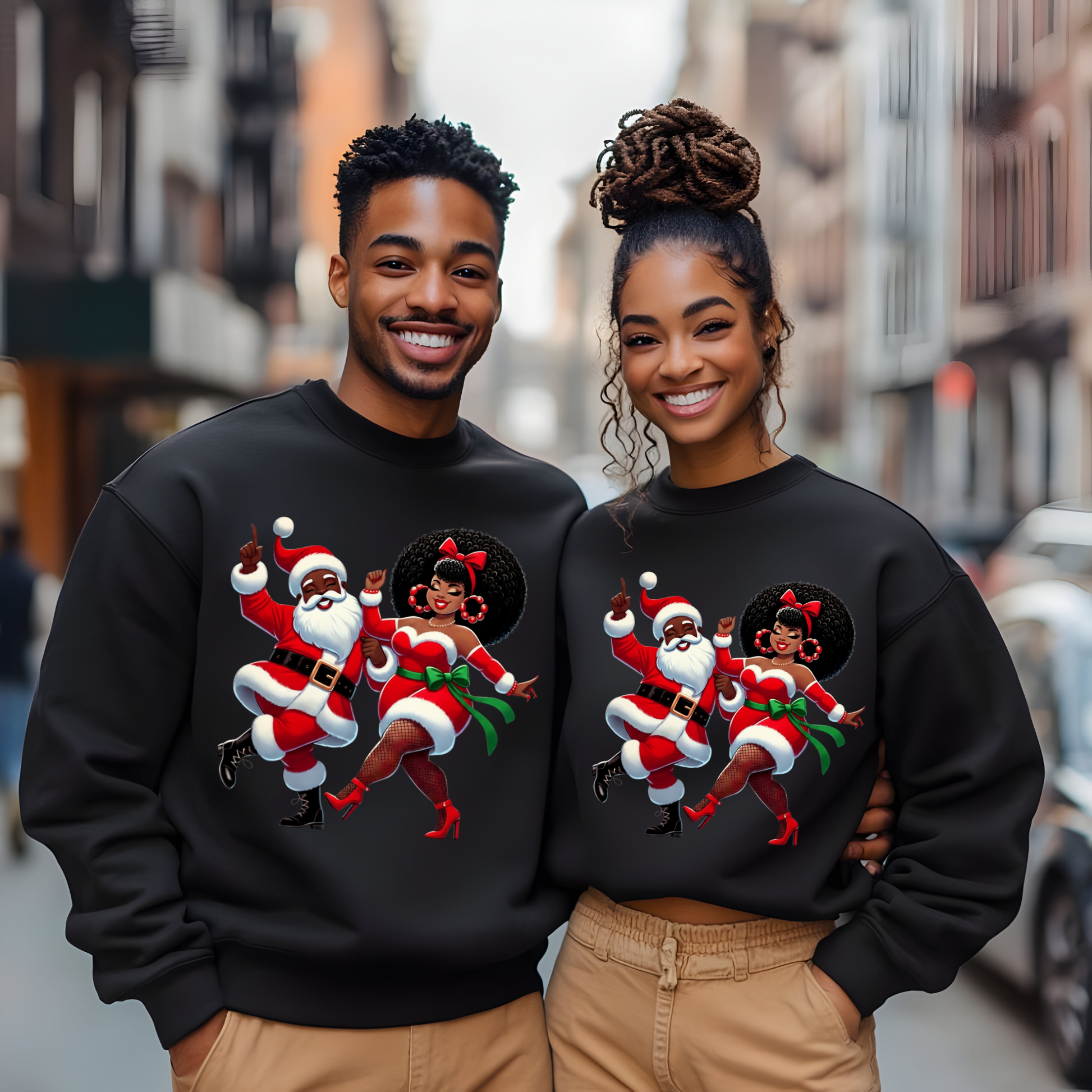 Black Santa & Mrs. Claus Dance Party Sweater | Urban Christmas Couple Sweatshirt Version 2