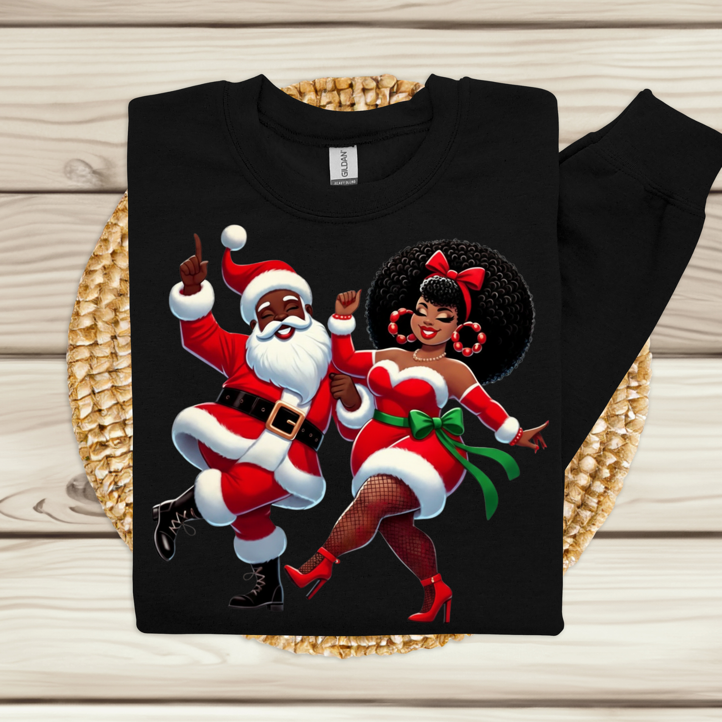 Black Santa & Mrs. Claus Dance Party Sweater | Urban Christmas Couple Sweatshirt Version 2