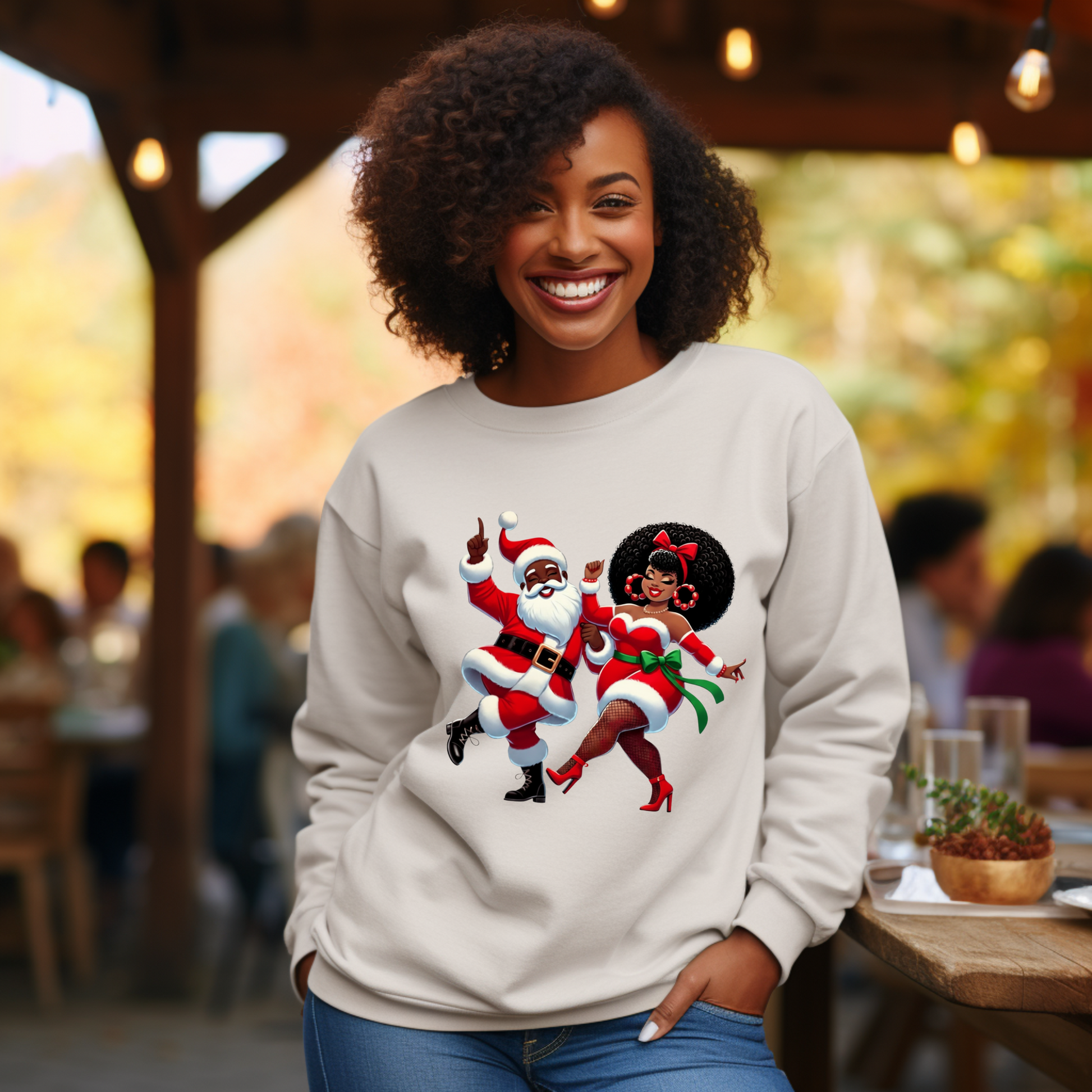 Black Santa & Mrs. Claus Dance Party Sweater | Urban Christmas Couple Sweatshirt Version 2
