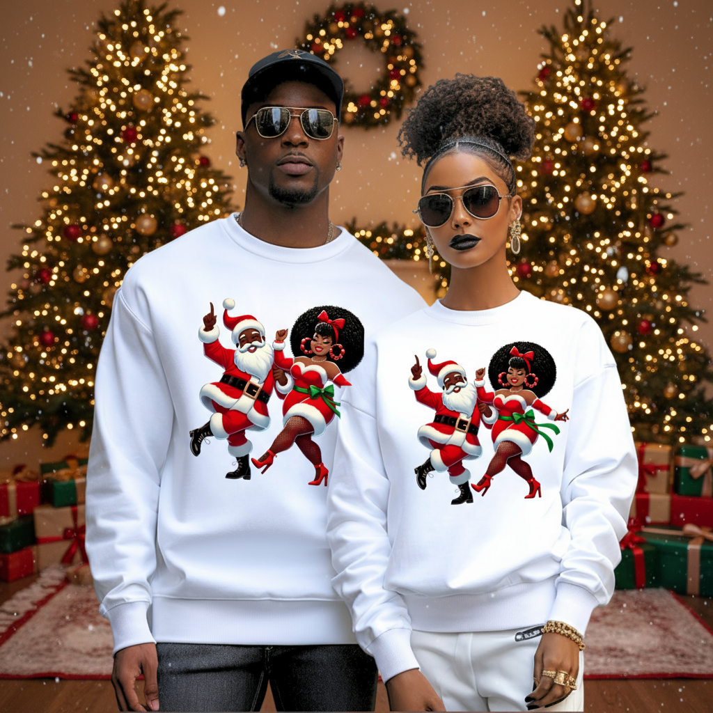 Black Santa & Mrs. Claus Dance Party Sweater | Urban Christmas Couple Sweatshirt Version 2