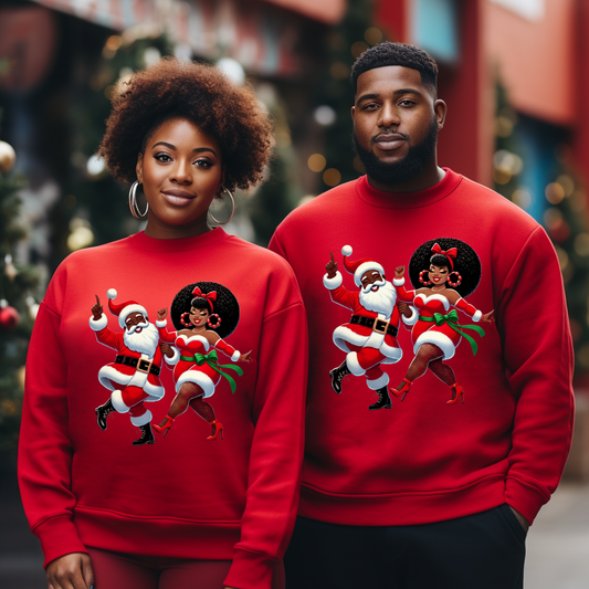 Black Santa & Mrs. Claus Dance Party Sweater | Urban Christmas Couple Sweatshirt Version 2