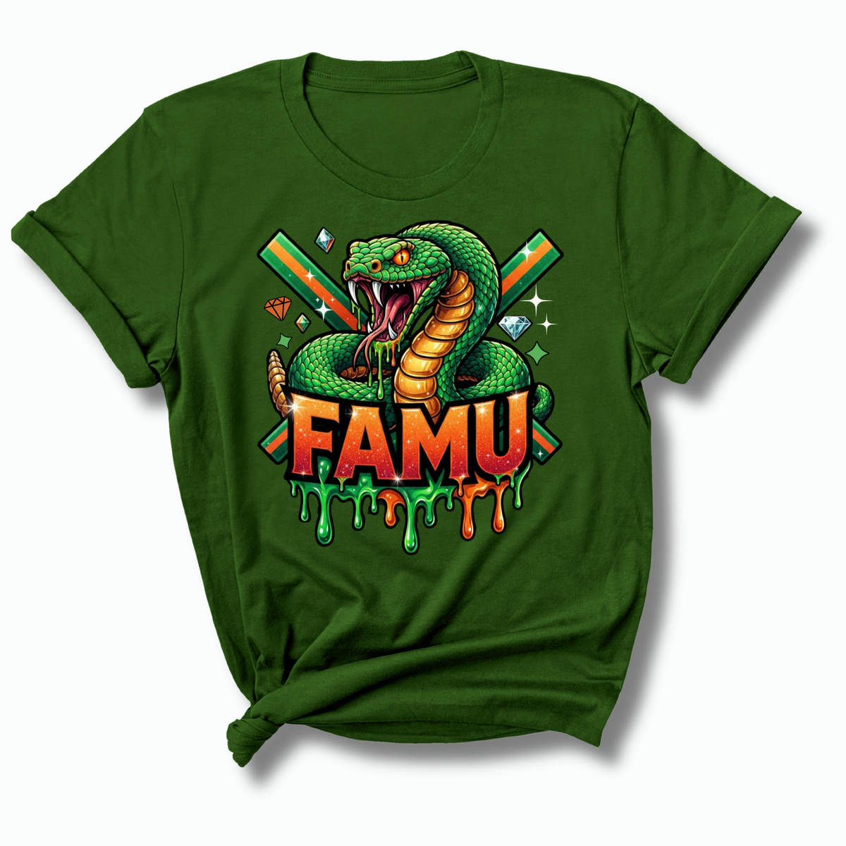 A dark green short-sleeve t-shirt with a graphic of a green and orange snake, crossed green and orange swords, diamonds, and the text 'FAMU' in dripping red, orange, and green letters.