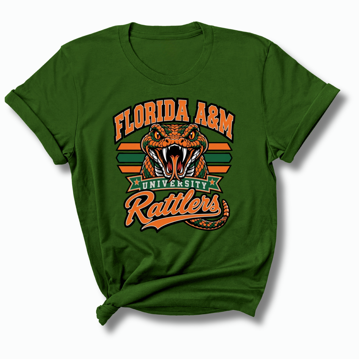 A dark green short-sleeve t-shirt with a graphic of a green and orange snake, crossed green and orange swords, diamonds, and the text 'FAMU' in dripping red, orange, and green letters.
