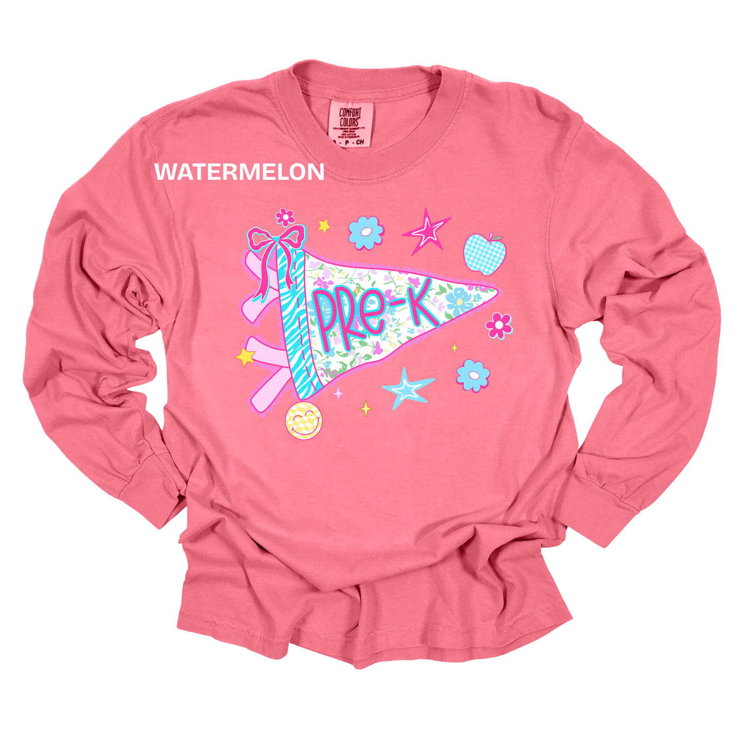 A pink long-sleeve t-shirt with a colorful 'PRO-K' pennant graphic and the word 'WATERMELON' printed on the chest, displayed flat against a white background.