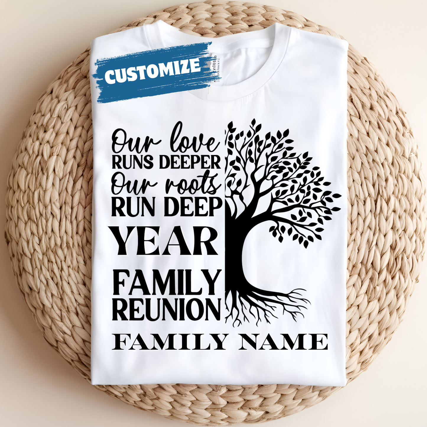 White t-shirt with customizable text design on a woven mat