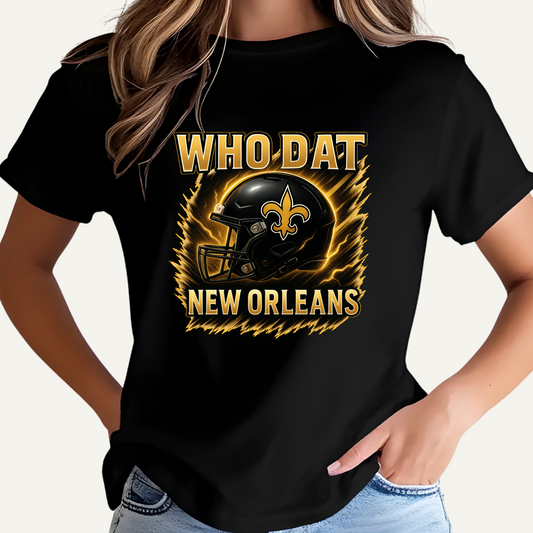 Black t-shirt with 'WHO DAT NEW ORLEANS' design featuring a football helmet and yellow text. Who Dat New Orleans Tee - Fierce Football Fan Energy T-Shirt